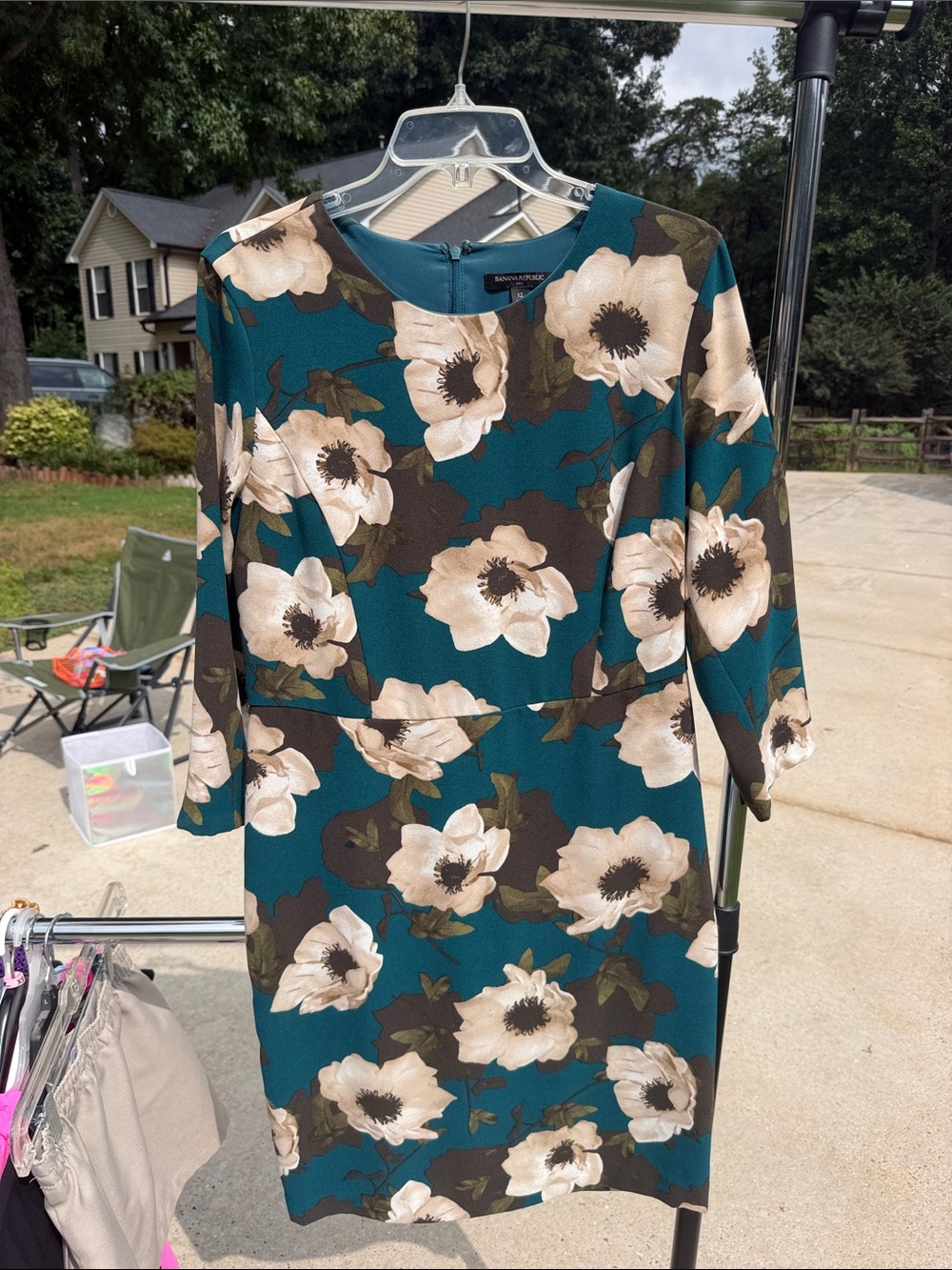 Banana Republic Factory Teal Floral Long Sleeve Shift Dress
